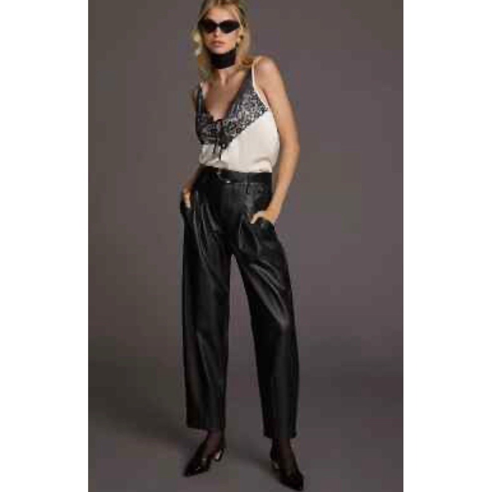 ANTHROPOLOGIE x MAEVE Faux Leather Taper Pleated Pants Black Size 00